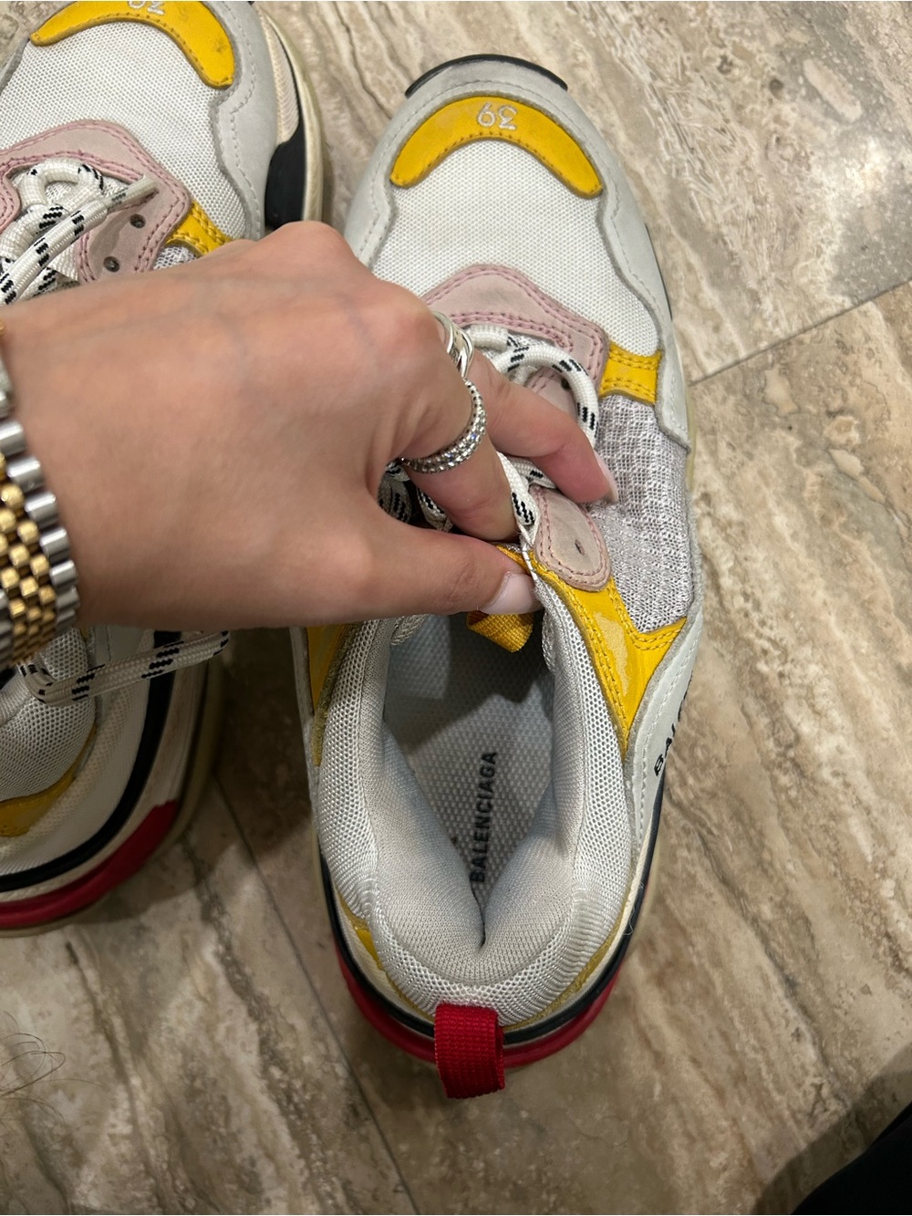 Balenciaga Triple S Multicolor Chunky Sneaker in White, Yellow, Pink, Black, Red - Picture 7 of 9